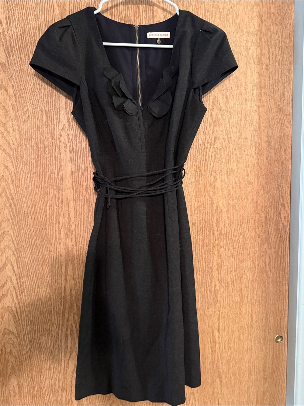 Rebecca Taylor Black Cap-Sleeve V-Neck Dress with Self-Tie Waist